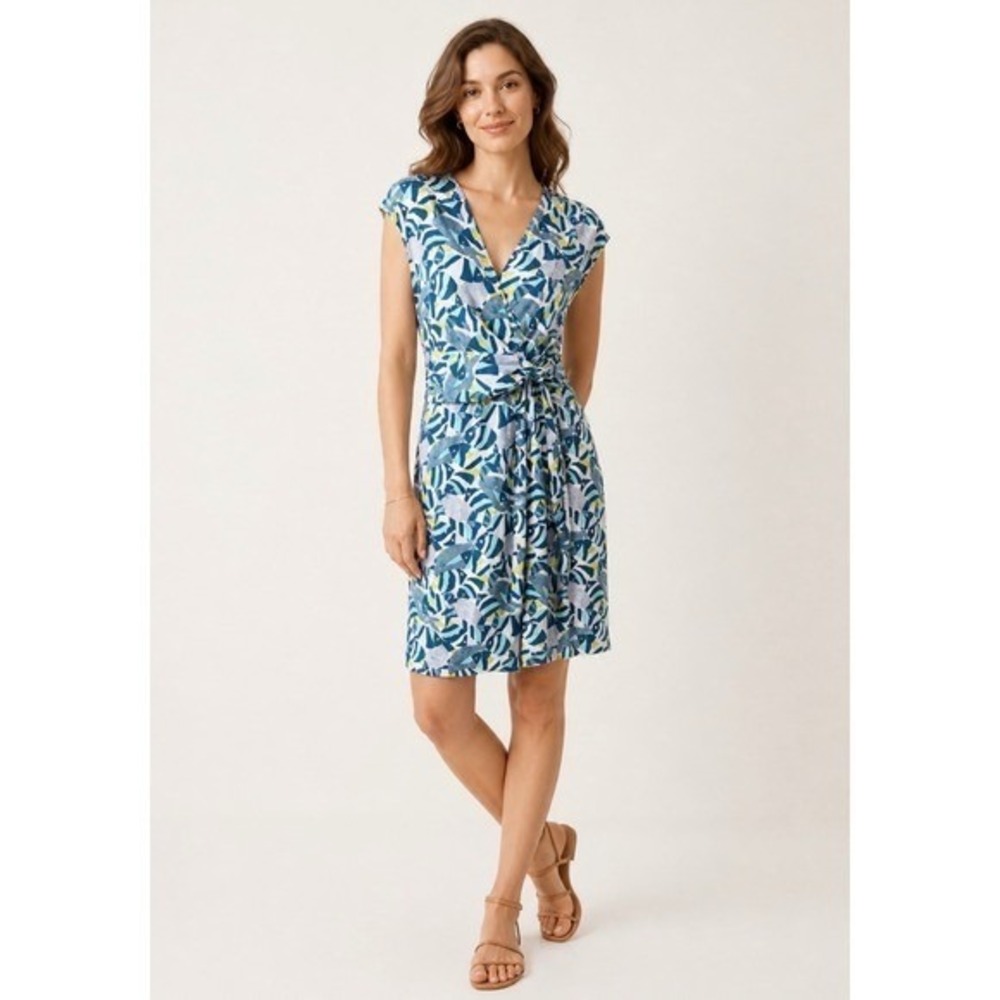 Lands' End Blue Coastal Tropical Fish‎ Print Faux Wrap Dress L 14-16